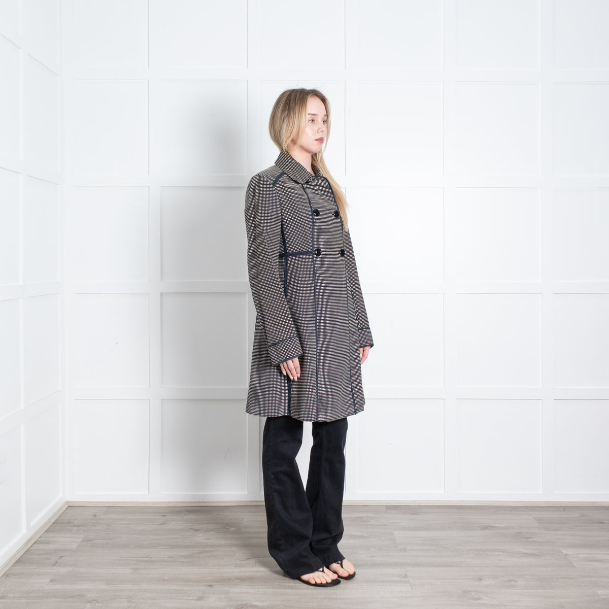 Sportmax Black White Cotton Small Check Double Breasted Fitted Coat