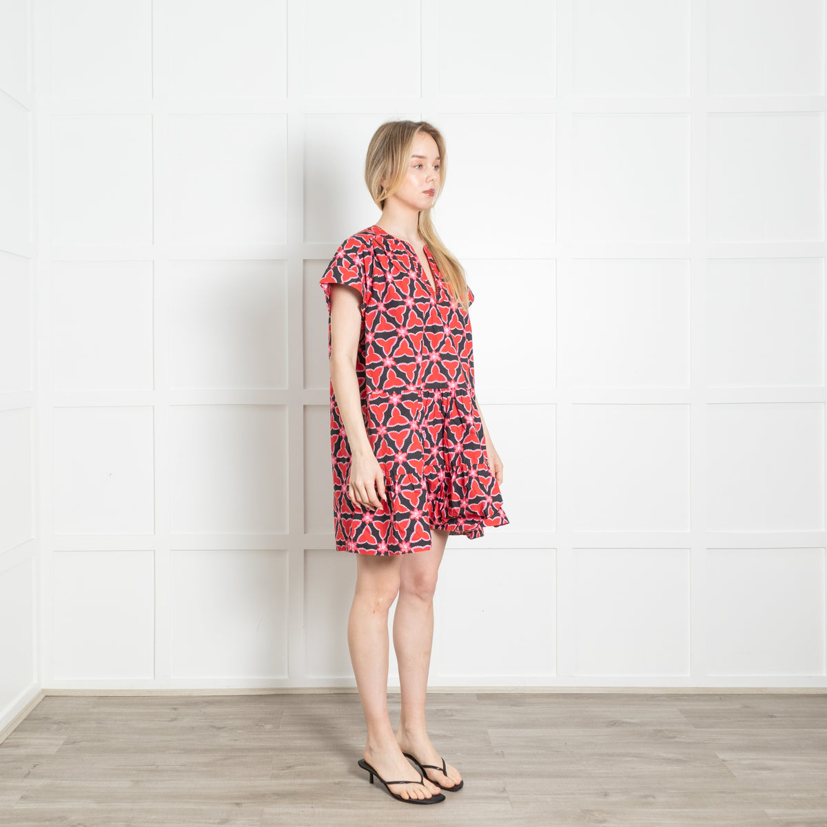 Saloni Black Red Floral Cotton Sleeveless Peplum Mini Dress