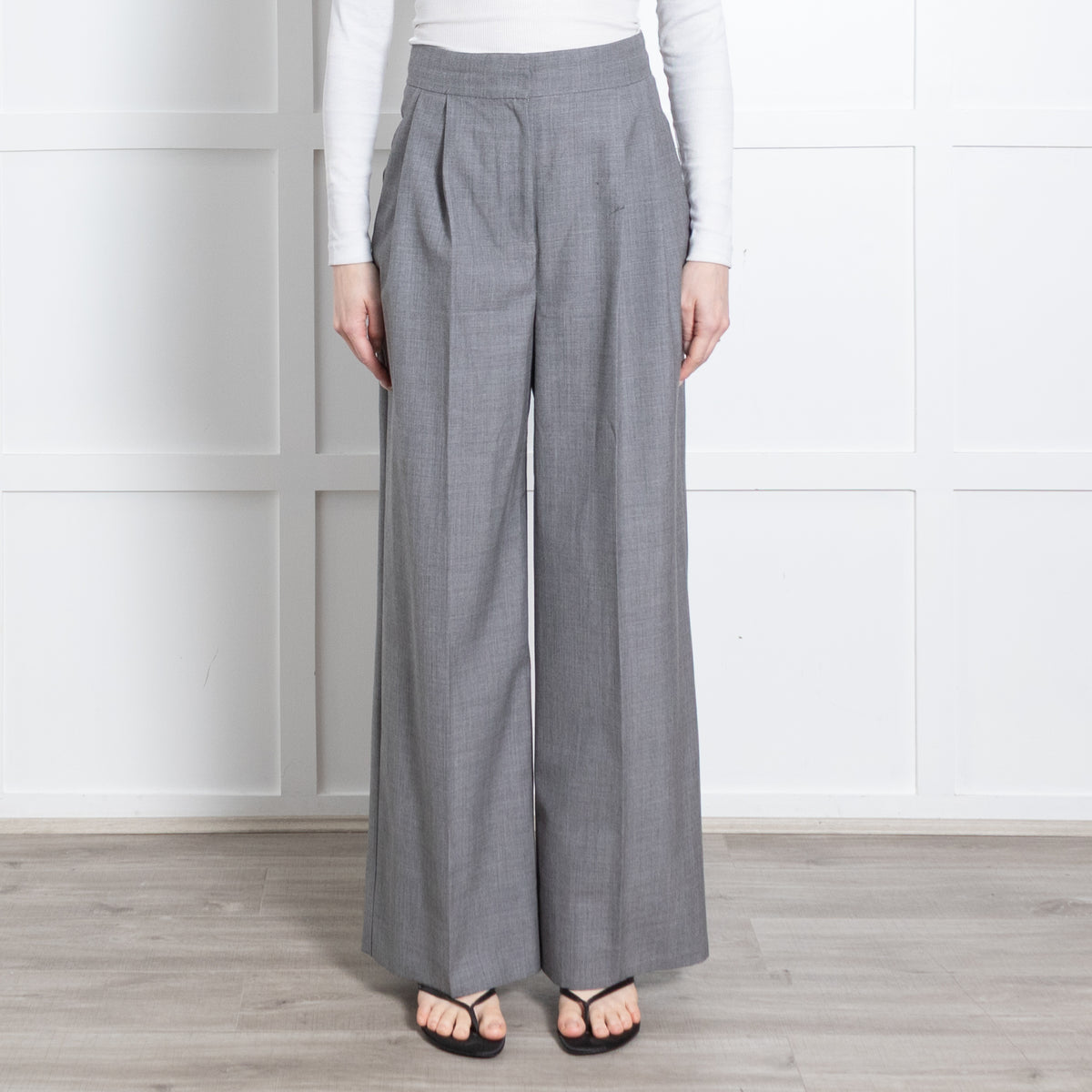Erdem Grey Fine Wool Front Pleat Wide Leg Trousers