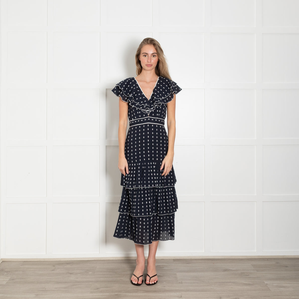 Neve & Noor Navy White Frill Trim Sleeveless Midi Dress