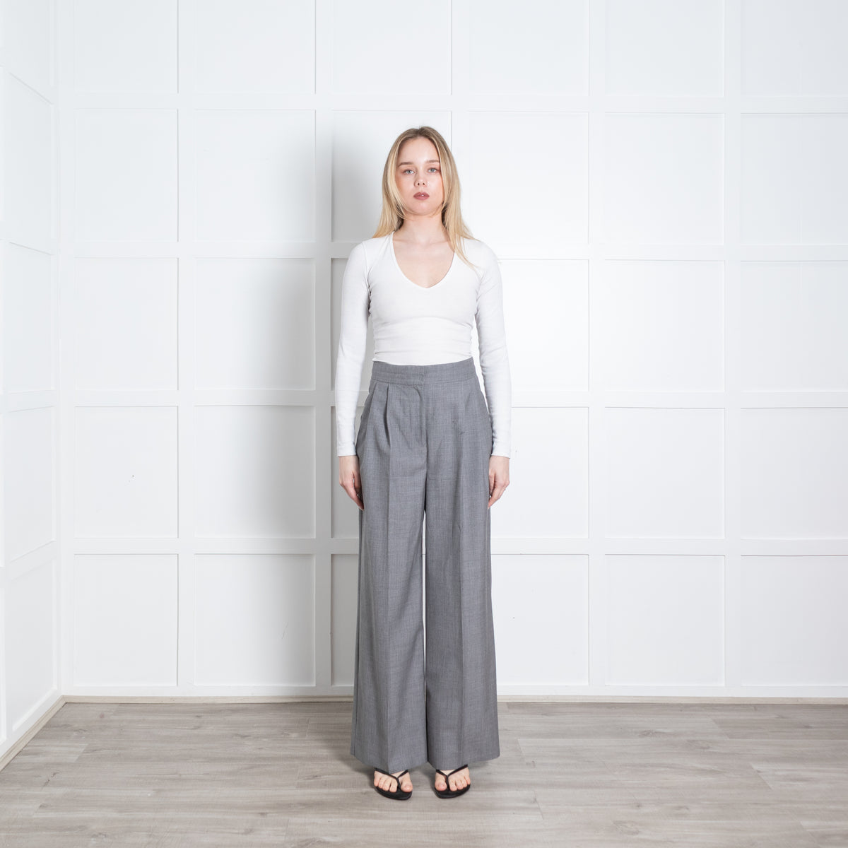 Erdem Grey Fine Wool Front Pleat Wide Leg Trousers