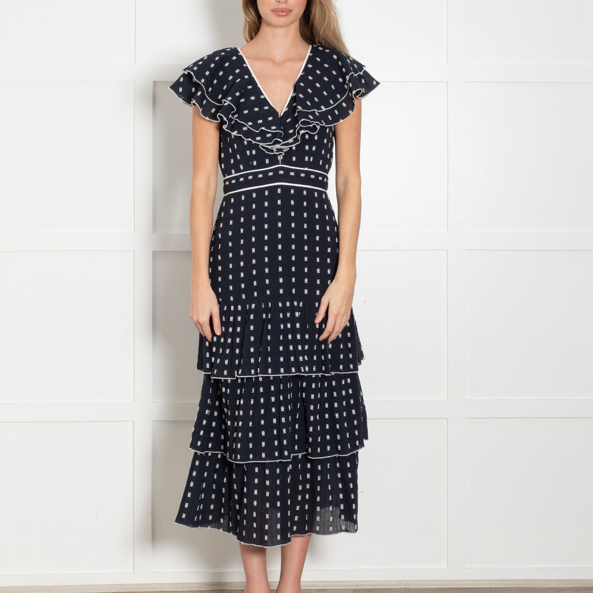 Neve & Noor Navy White Frill Trim Sleeveless Midi Dress