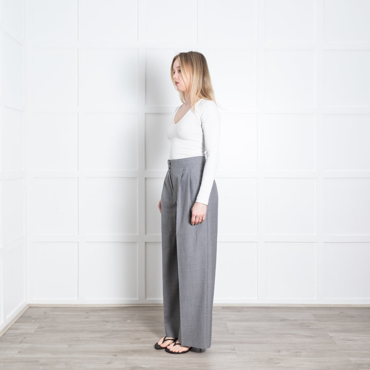Erdem Grey Fine Wool Front Pleat Wide Leg Trousers