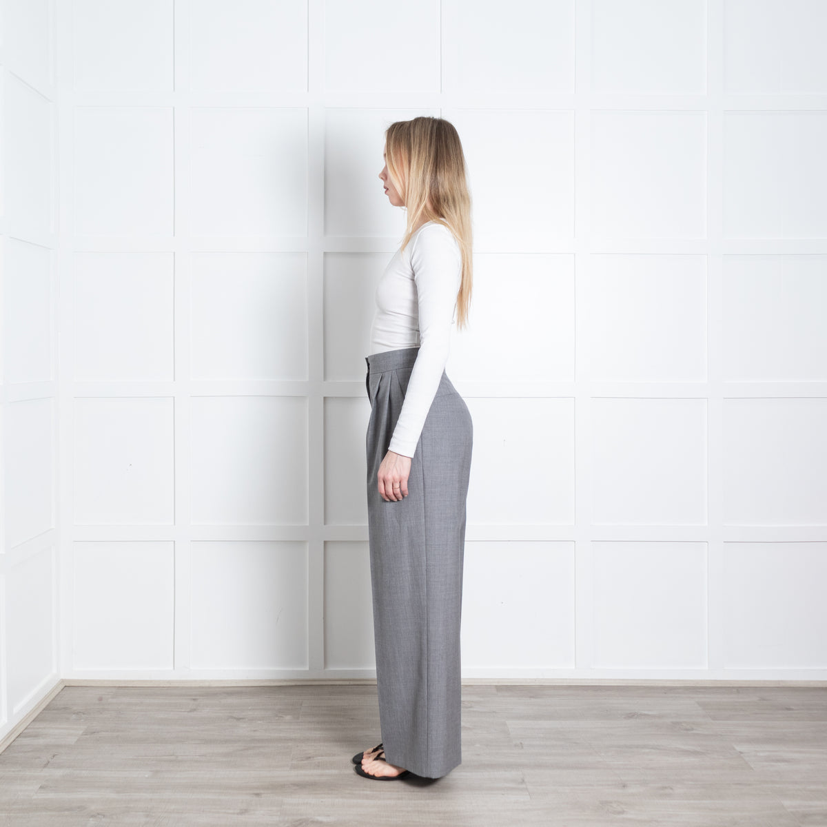 Erdem Grey Fine Wool Front Pleat Wide Leg Trousers