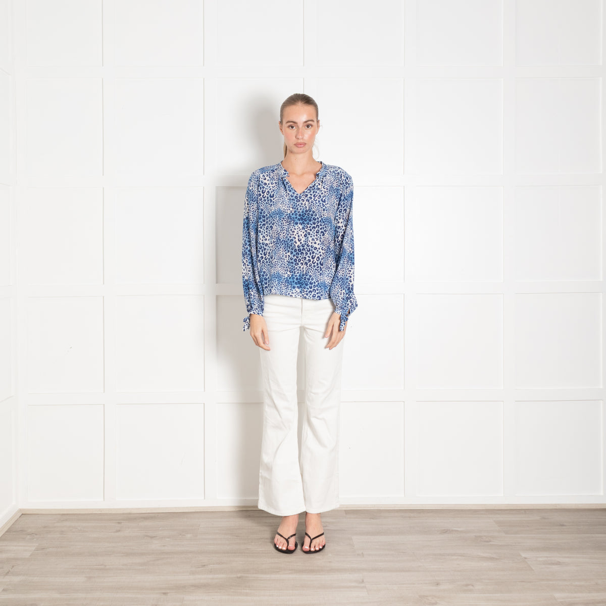 Mercy Delta Blue Animal Print Silk Long Sleeve Top