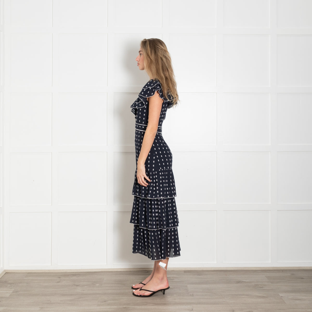 Neve & Noor Navy White Frill Trim Sleeveless Midi Dress