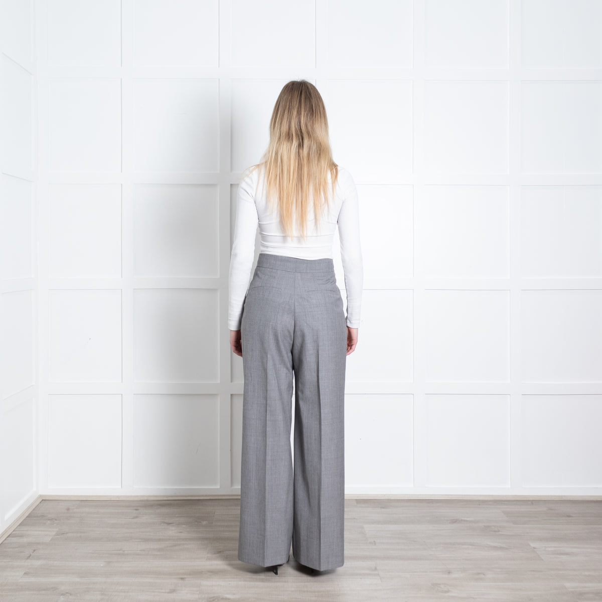 Erdem Grey Fine Wool Front Pleat Wide Leg Trousers
