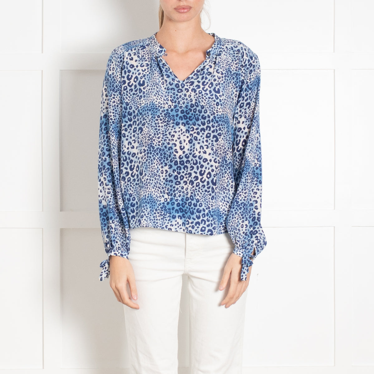 Mercy Delta Blue Animal Print Silk Long Sleeve Top