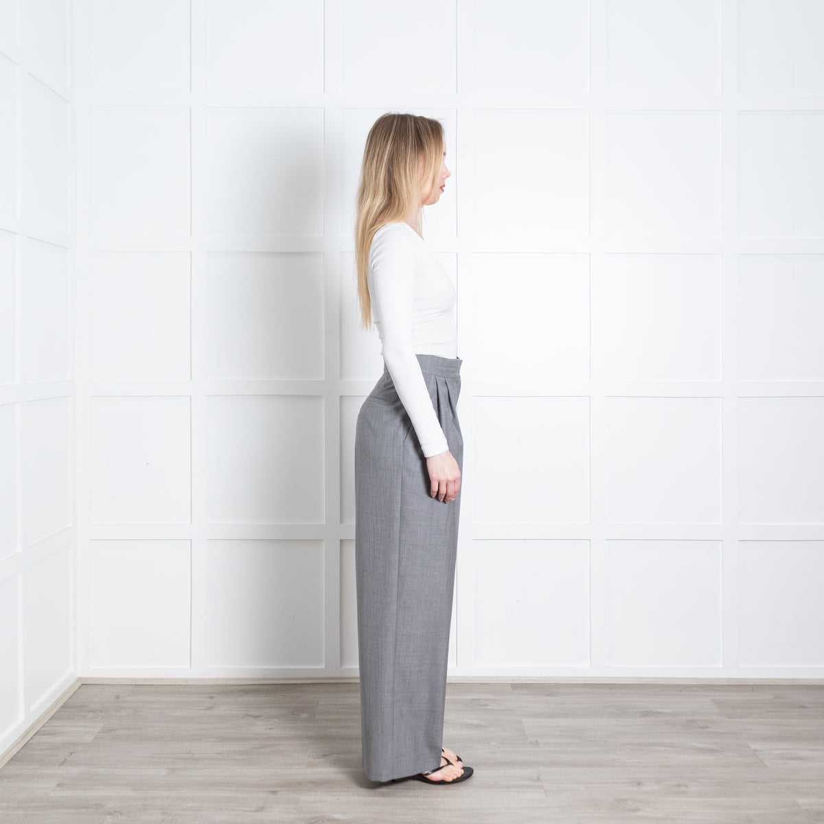 Erdem Grey Fine Wool Front Pleat Wide Leg Trousers