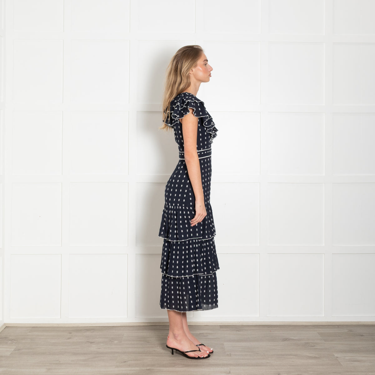 Neve & Noor Navy White Frill Trim Sleeveless Midi Dress