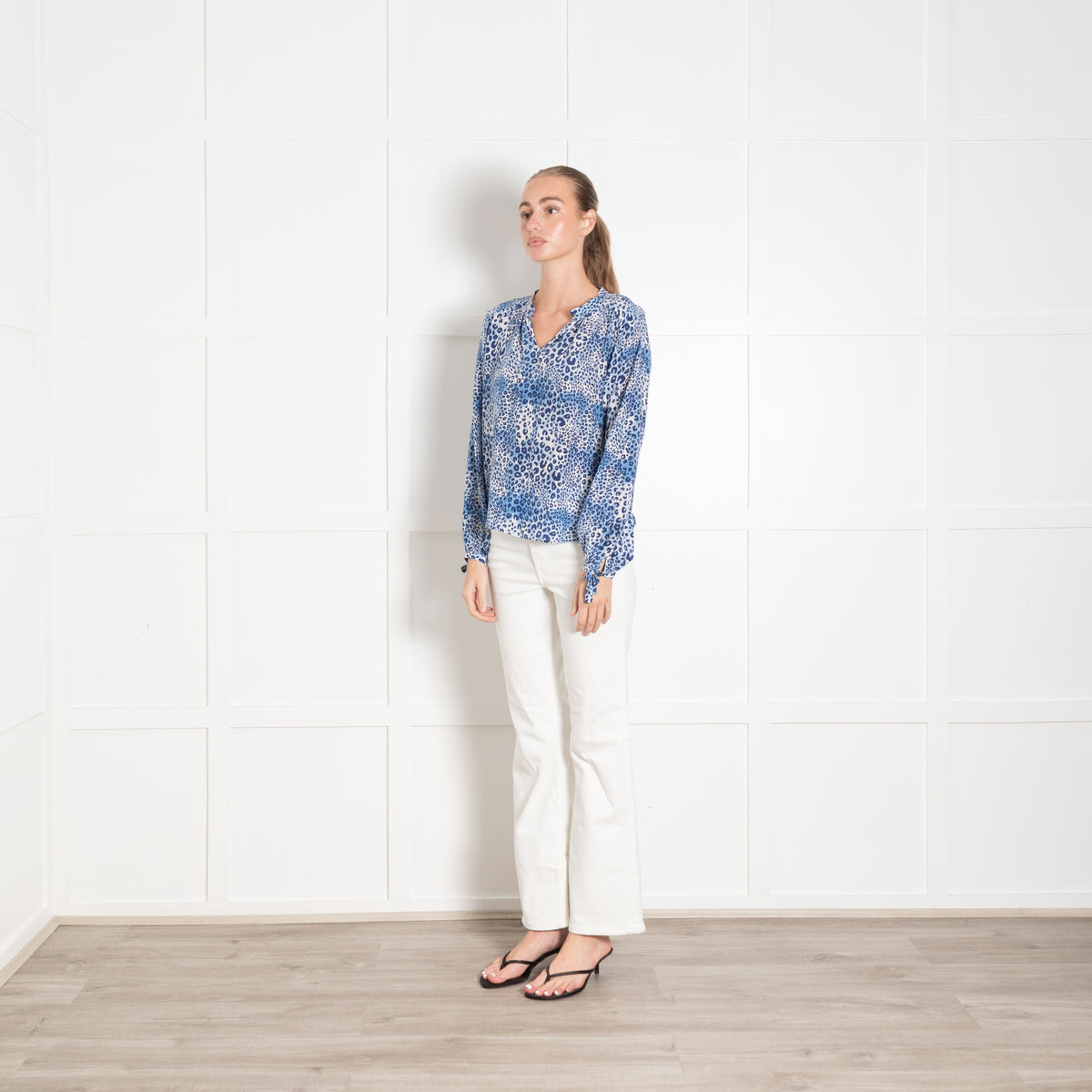 Mercy Delta Blue Animal Print Silk Long Sleeve Top