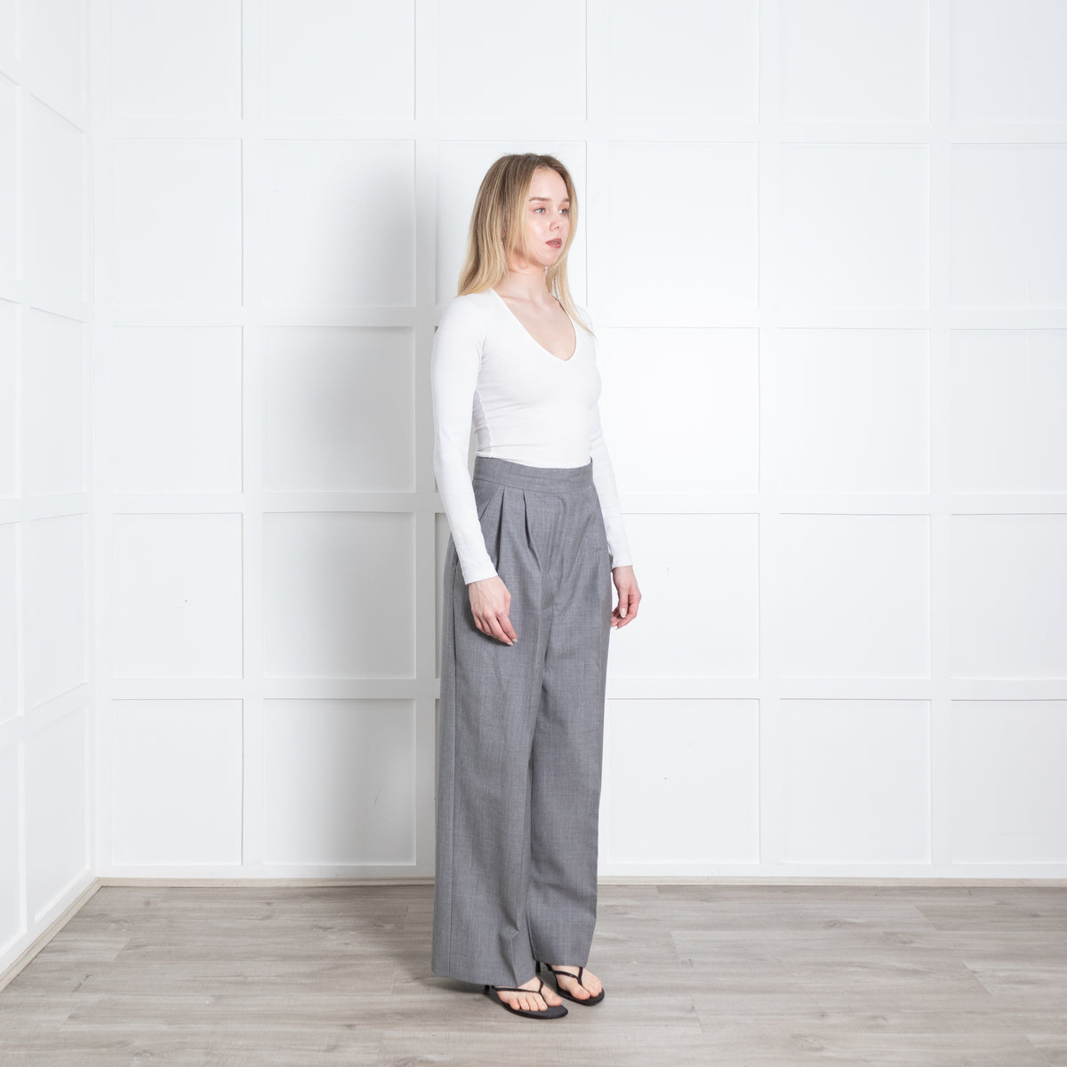 Erdem Grey Fine Wool Front Pleat Wide Leg Trousers
