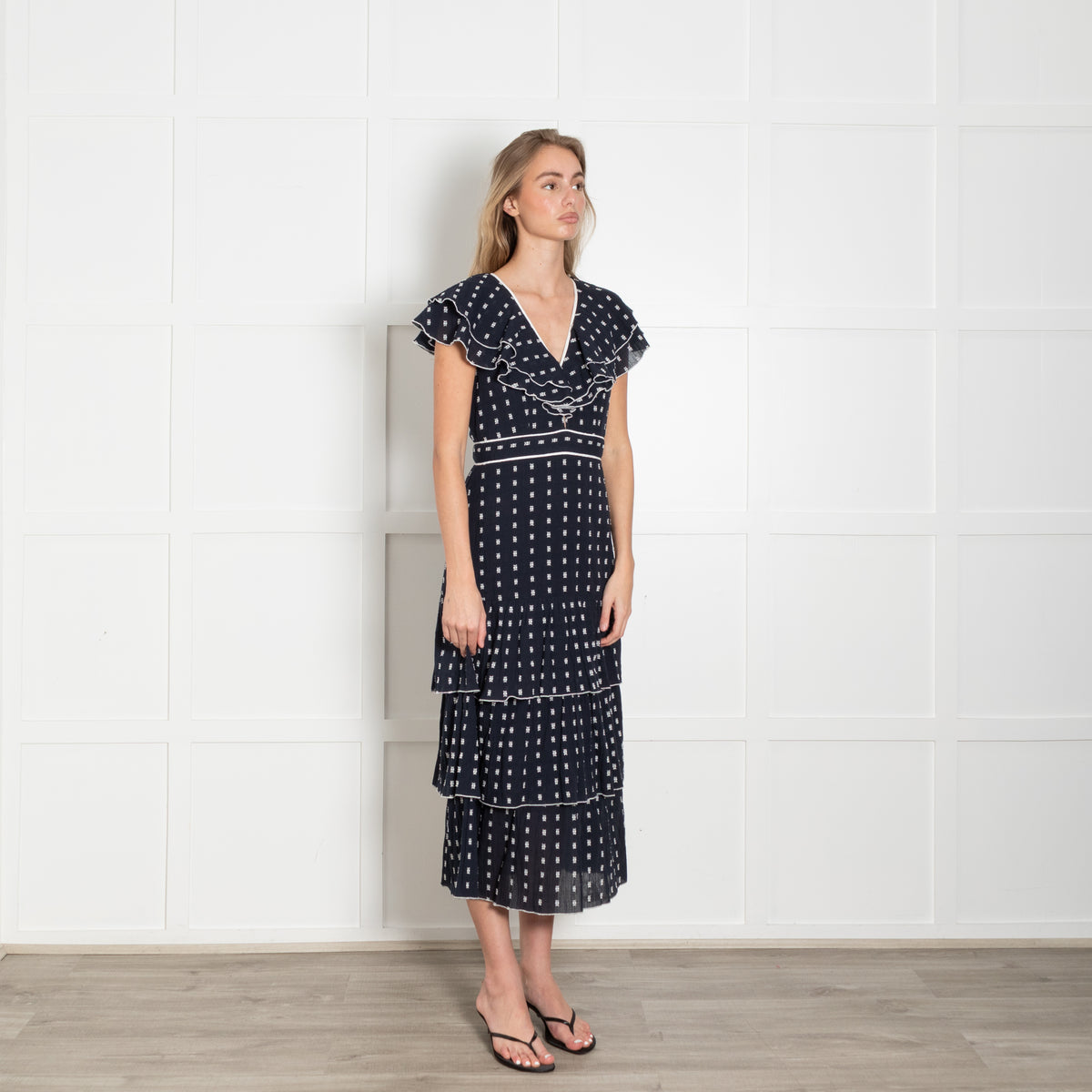 Neve & Noor Navy White Frill Trim Sleeveless Midi Dress
