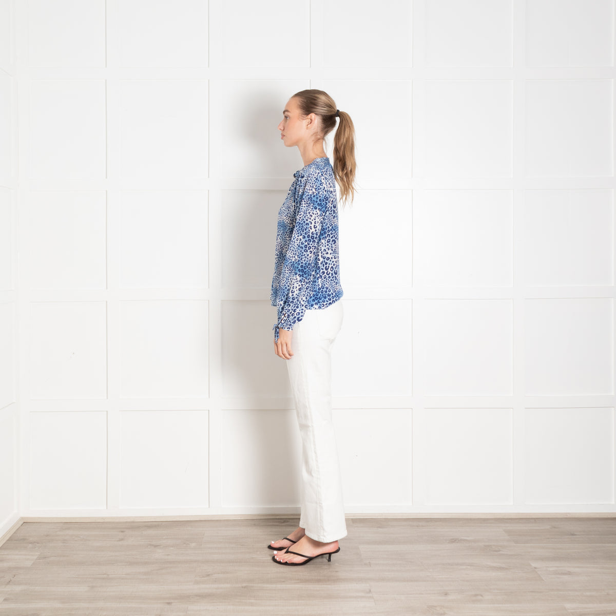 Mercy Delta Blue Animal Print Silk Long Sleeve Top