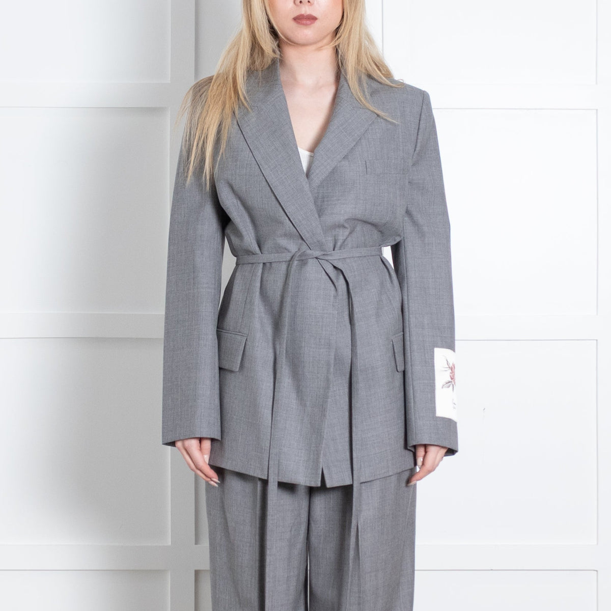 Erdem Grey Fine Wool Floral Appliqued Patch Wrap Blazer