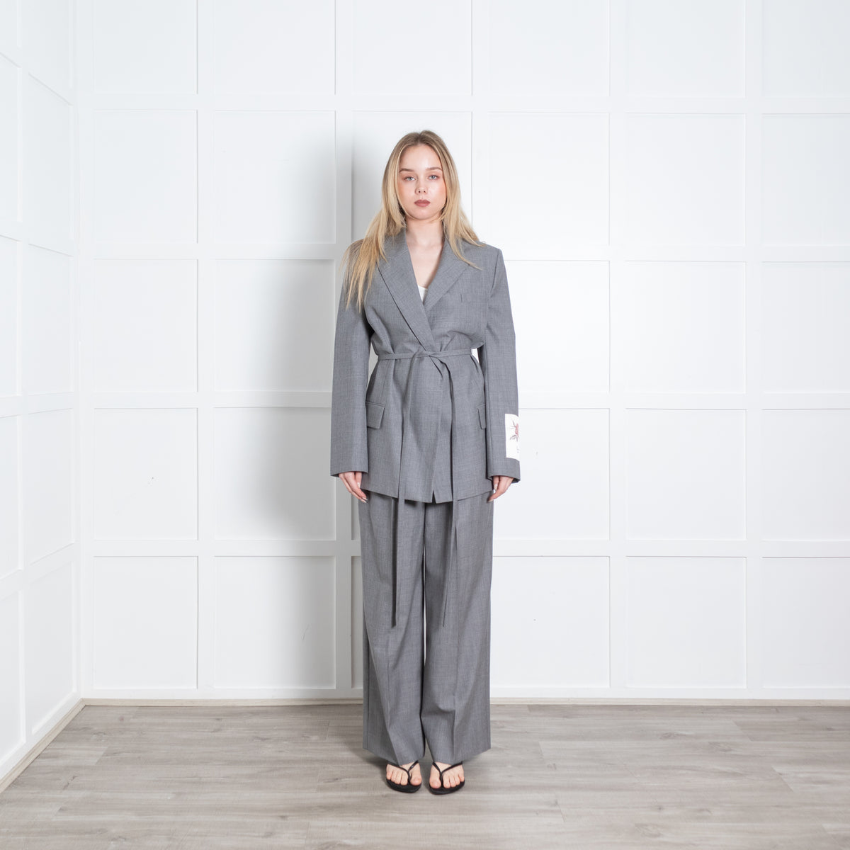 Erdem Grey Fine Wool Front Pleat Wide Leg Trousers