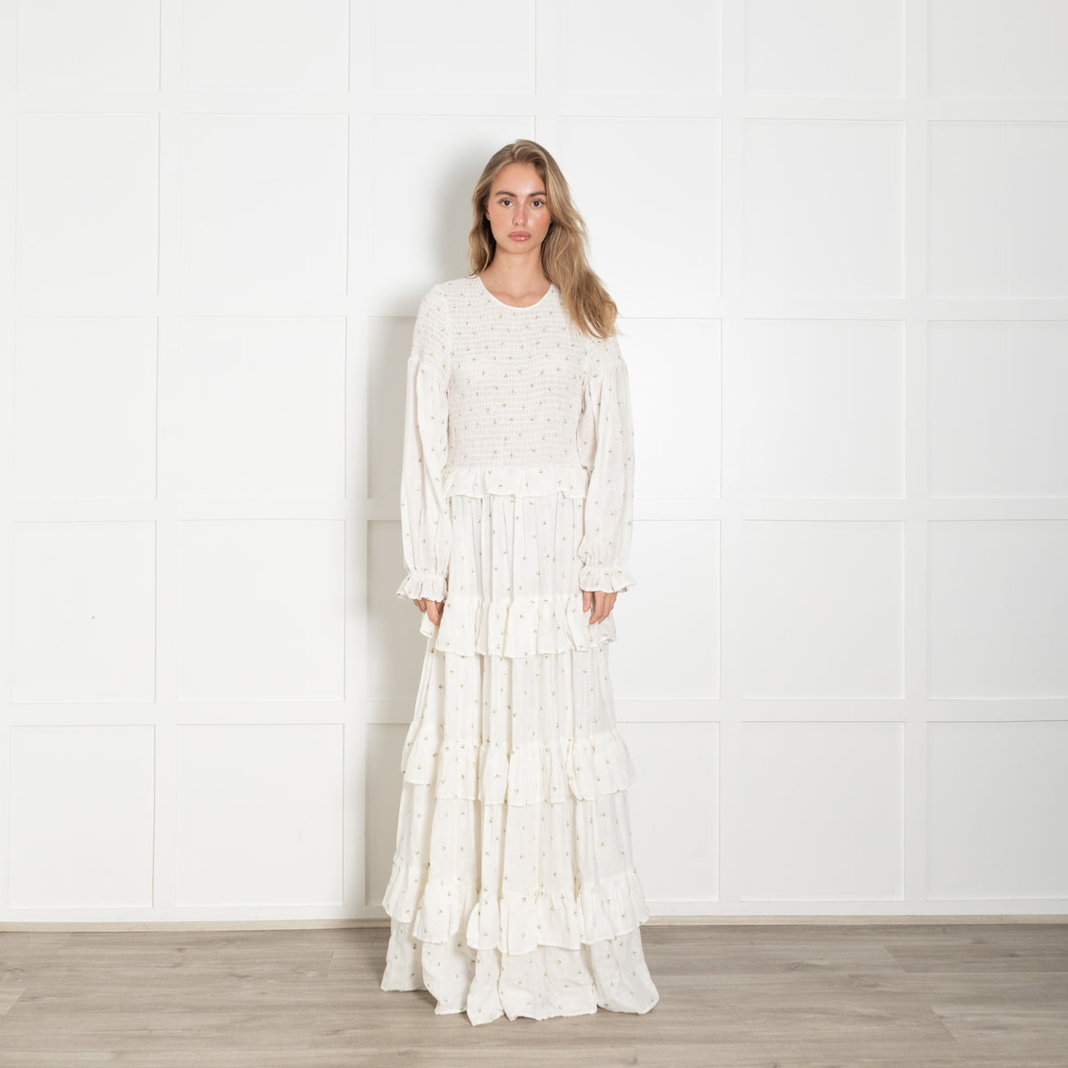 Meadows White Ditzy Flower Tiered Long Sleeve Maxi Dress
