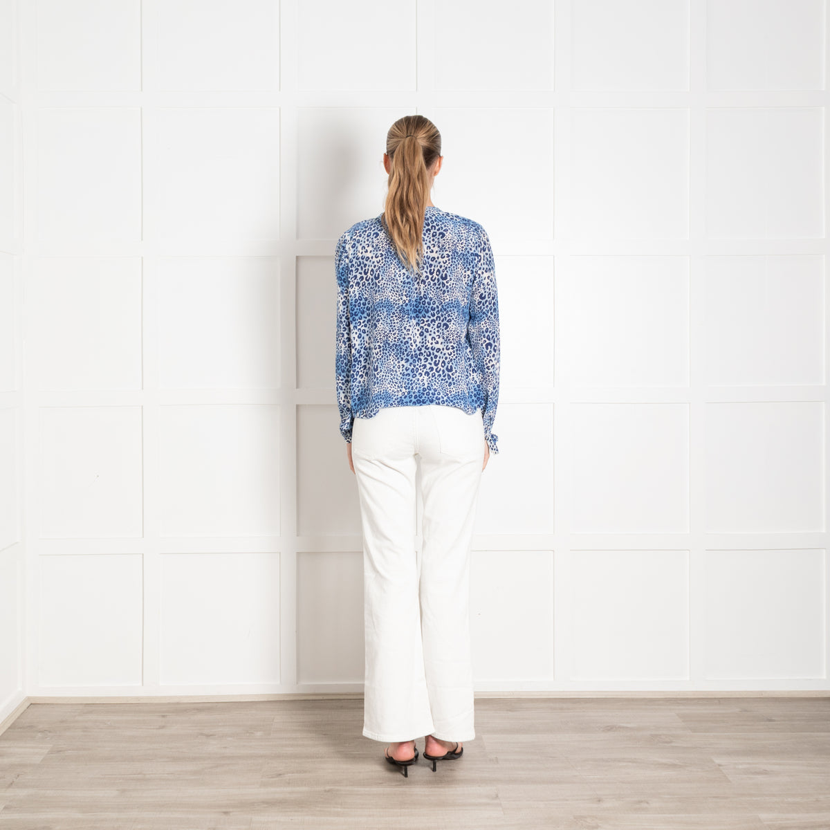 Mercy Delta Blue Animal Print Silk Long Sleeve Top