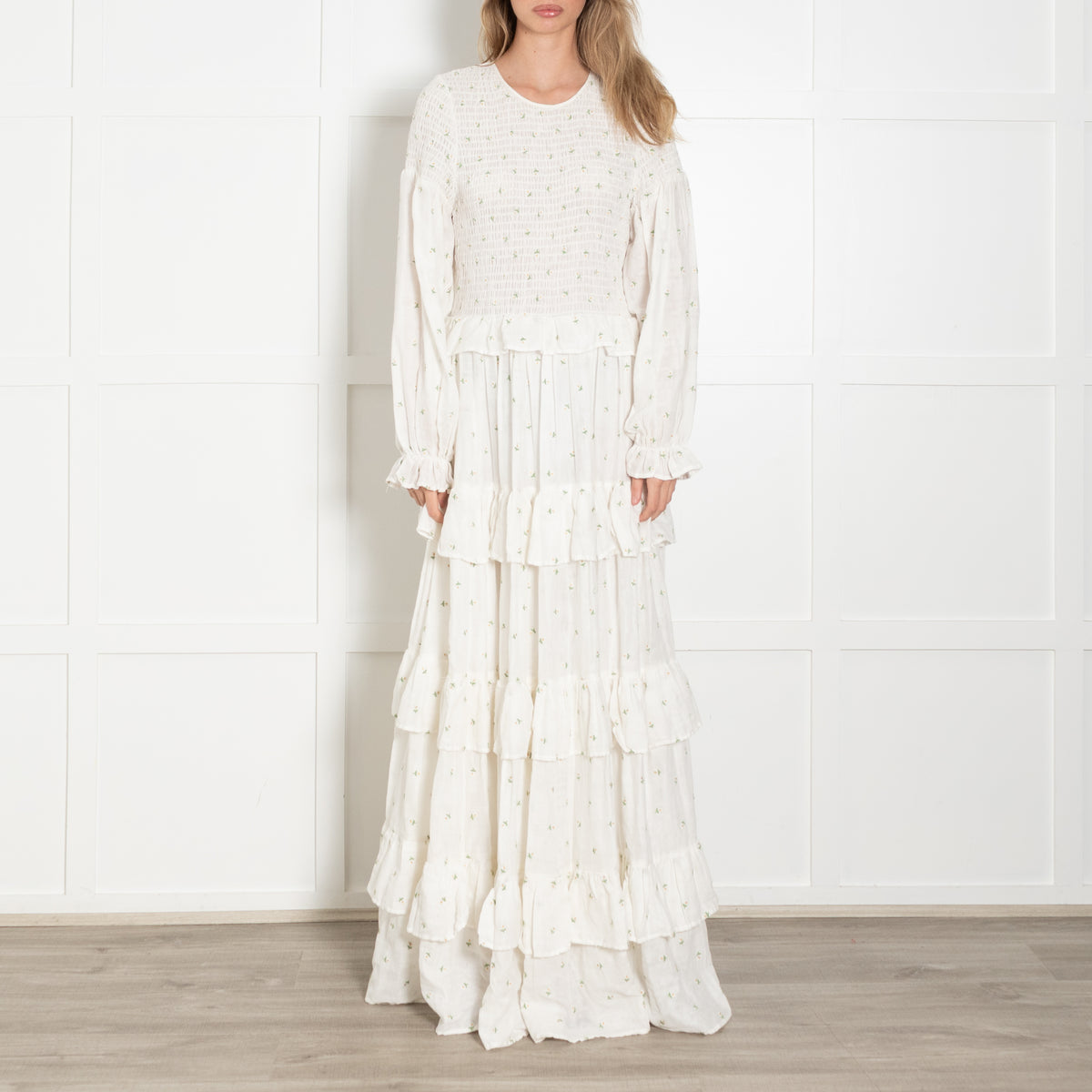 Meadows White Ditzy Flower Tiered Long Sleeve Maxi Dress