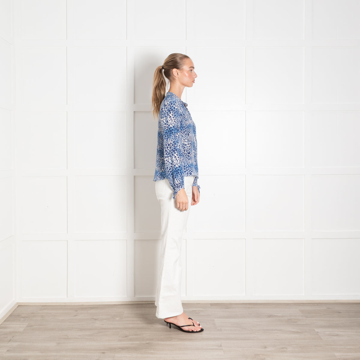 Mercy Delta Blue Animal Print Silk Long Sleeve Top