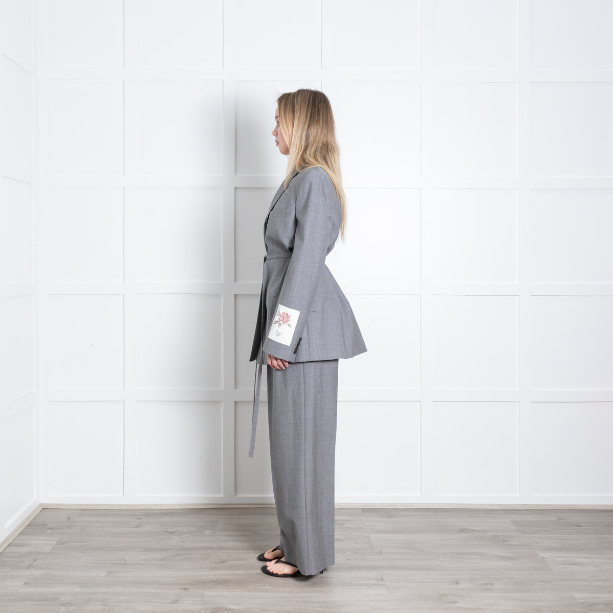 Erdem Grey Fine Wool Floral Appliqued Patch Wrap Blazer