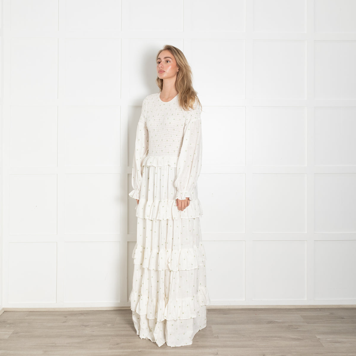 Meadows White Ditzy Flower Tiered Long Sleeve Maxi Dress