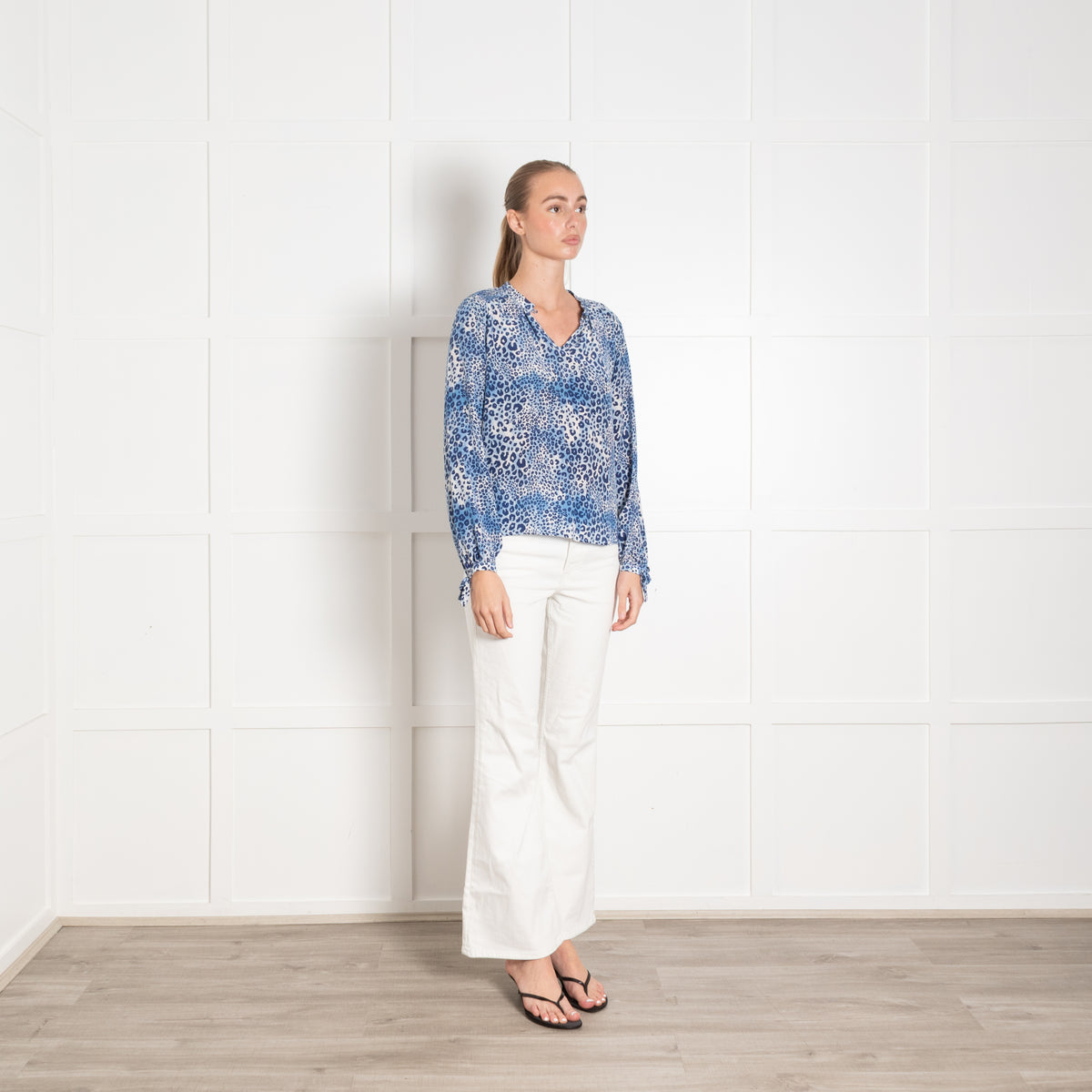 Mercy Delta Blue Animal Print Silk Long Sleeve Top