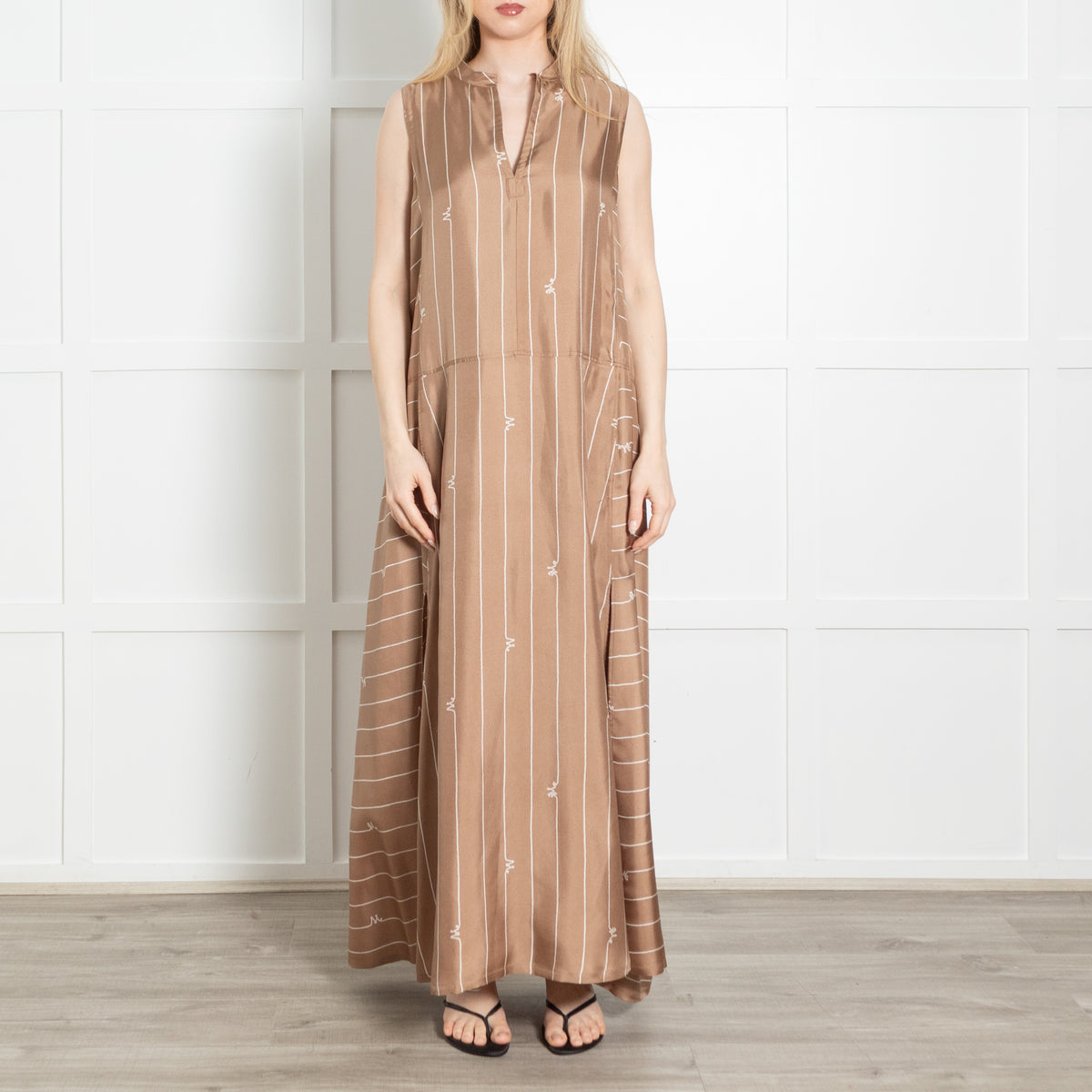Max Mara Brown Silk Striped Sleeveless Maxi Dress