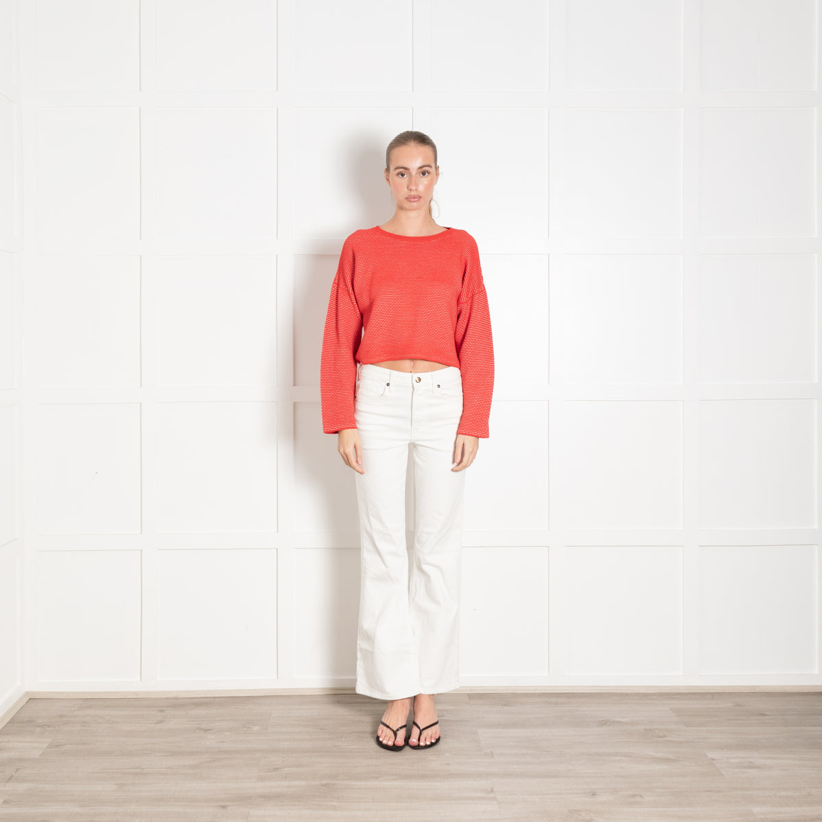Theory Orange White Ribbed Cropped Oversized Knit Top