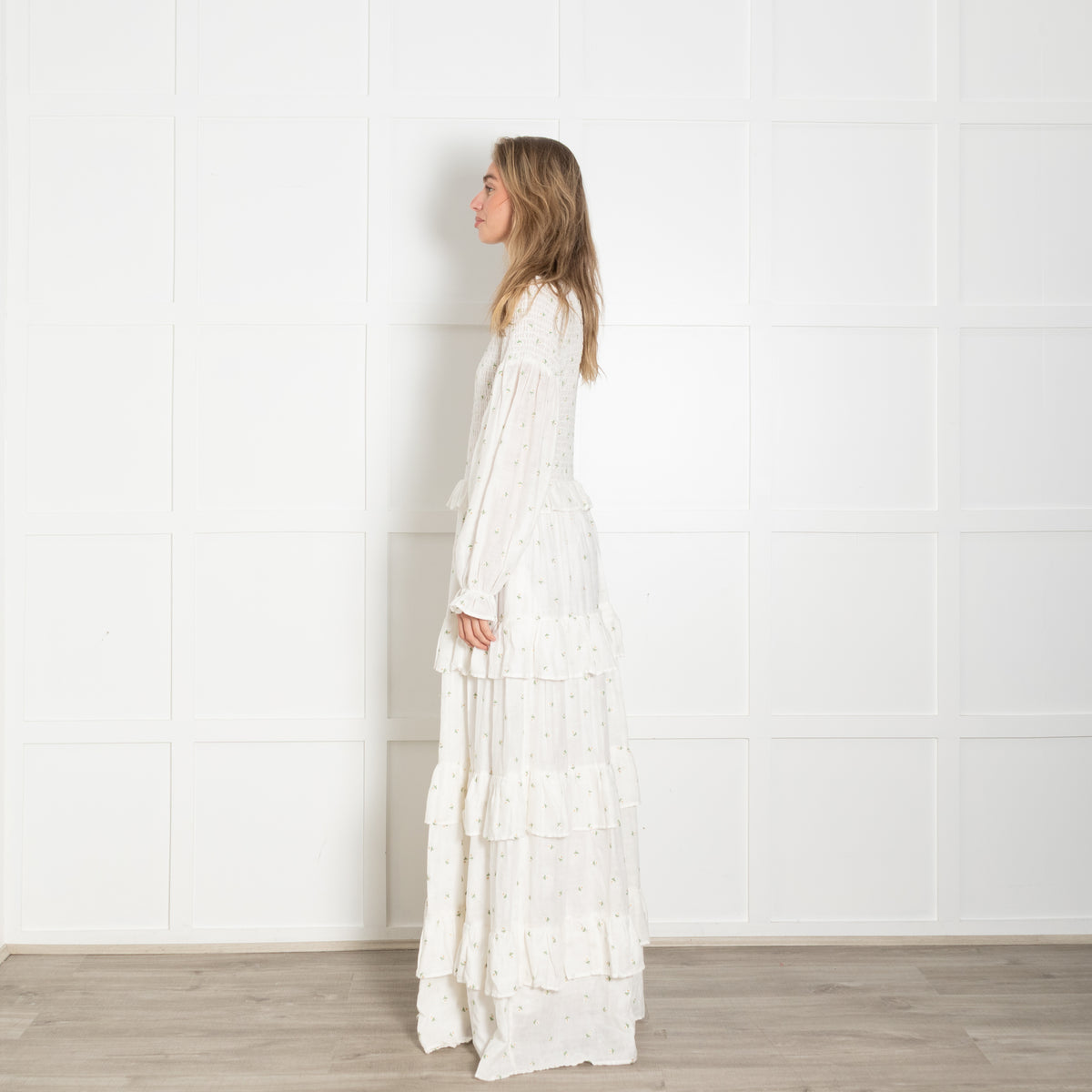 Meadows White Ditzy Flower Tiered Long Sleeve Maxi Dress