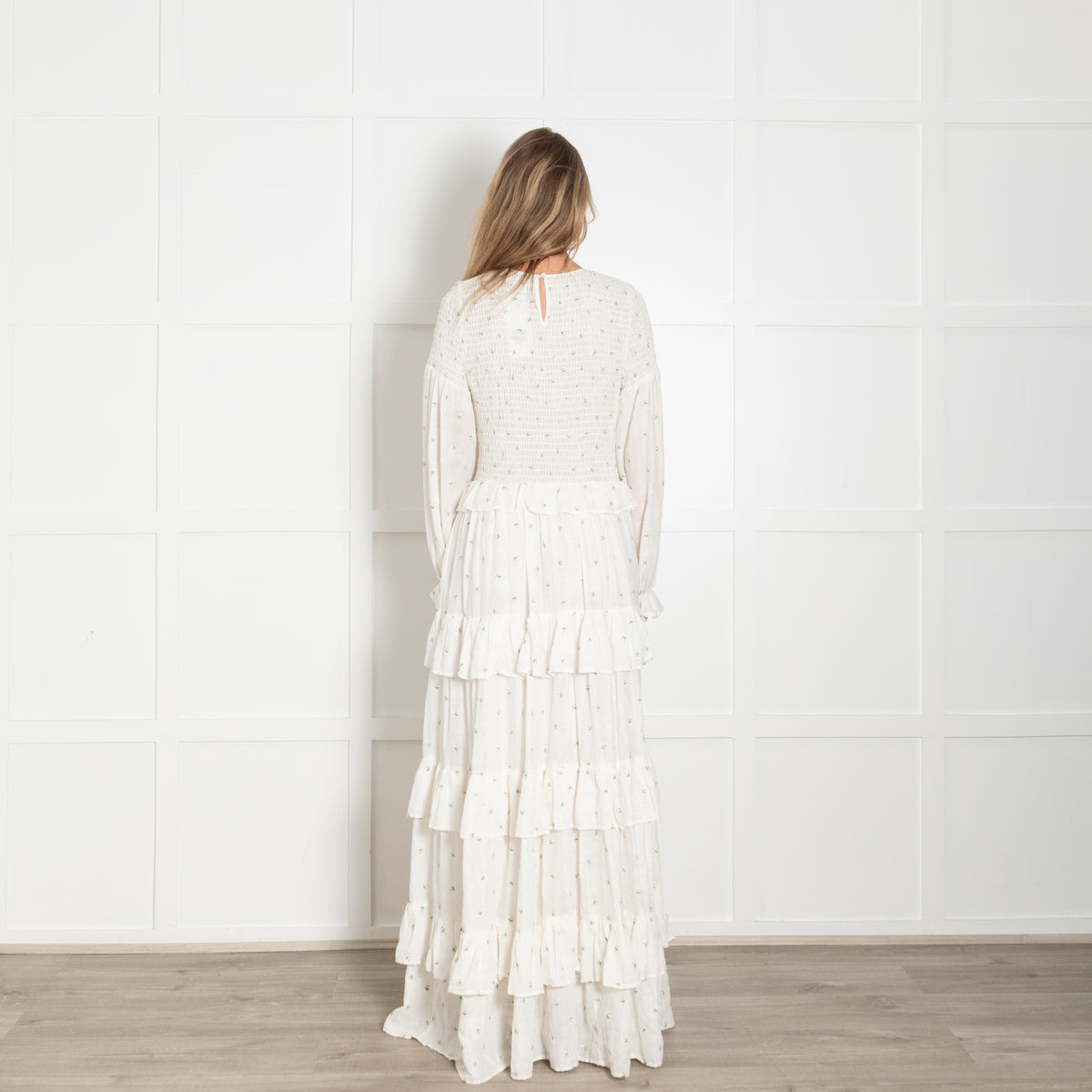 Meadows White Ditzy Flower Tiered Long Sleeve Maxi Dress