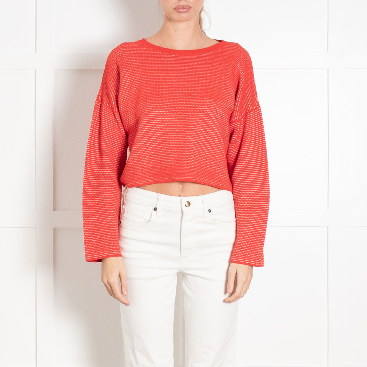Theory Orange White Ribbed Cropped Oversized Knit Top
