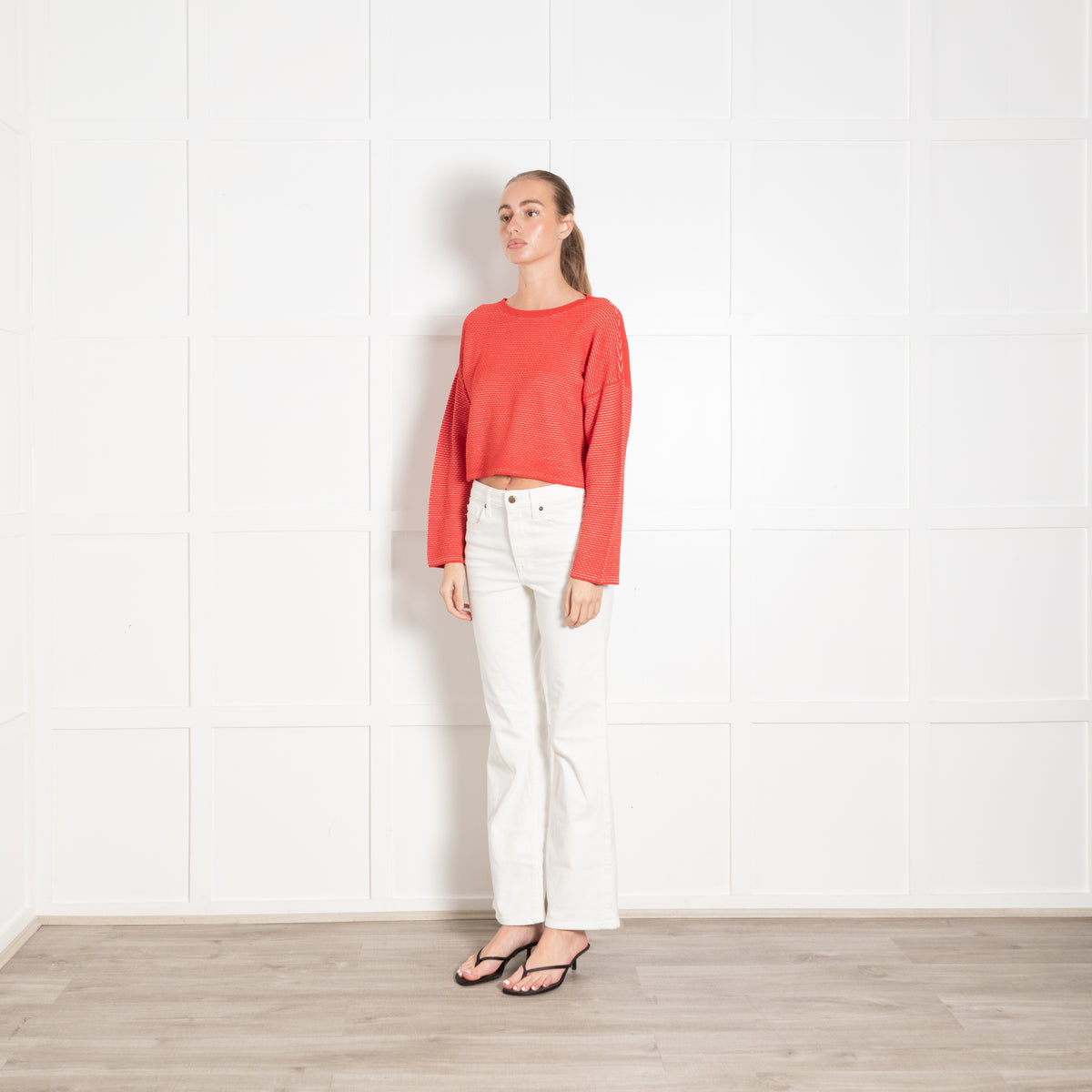 Theory Orange White Ribbed Cropped Oversized Knit Top
