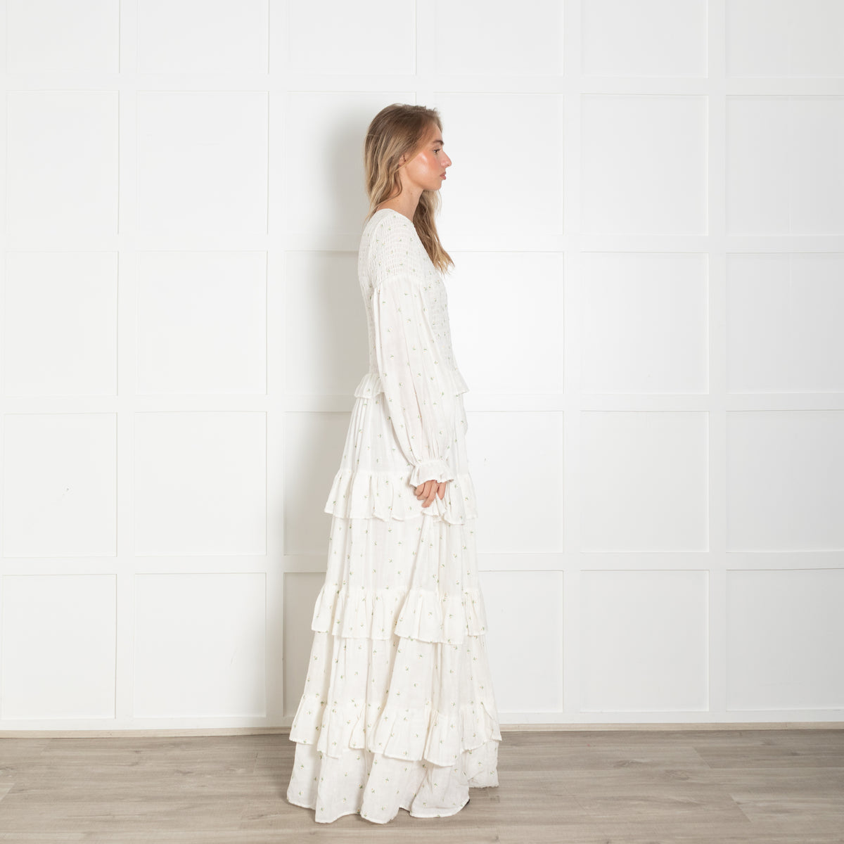 Meadows White Ditzy Flower Tiered Long Sleeve Maxi Dress