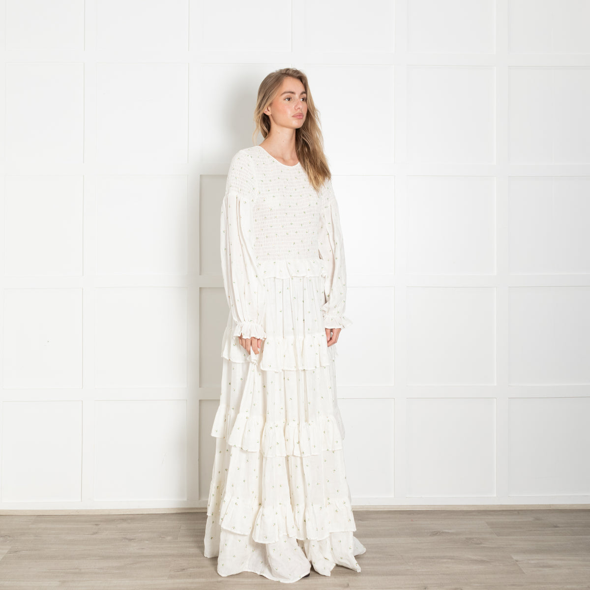 Meadows White Ditzy Flower Tiered Long Sleeve Maxi Dress