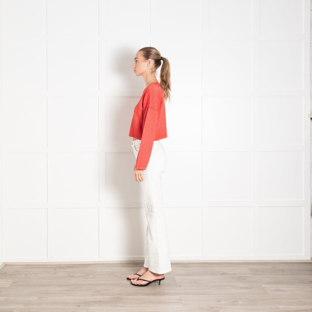 Theory Orange White Ribbed Cropped Oversized Knit Top