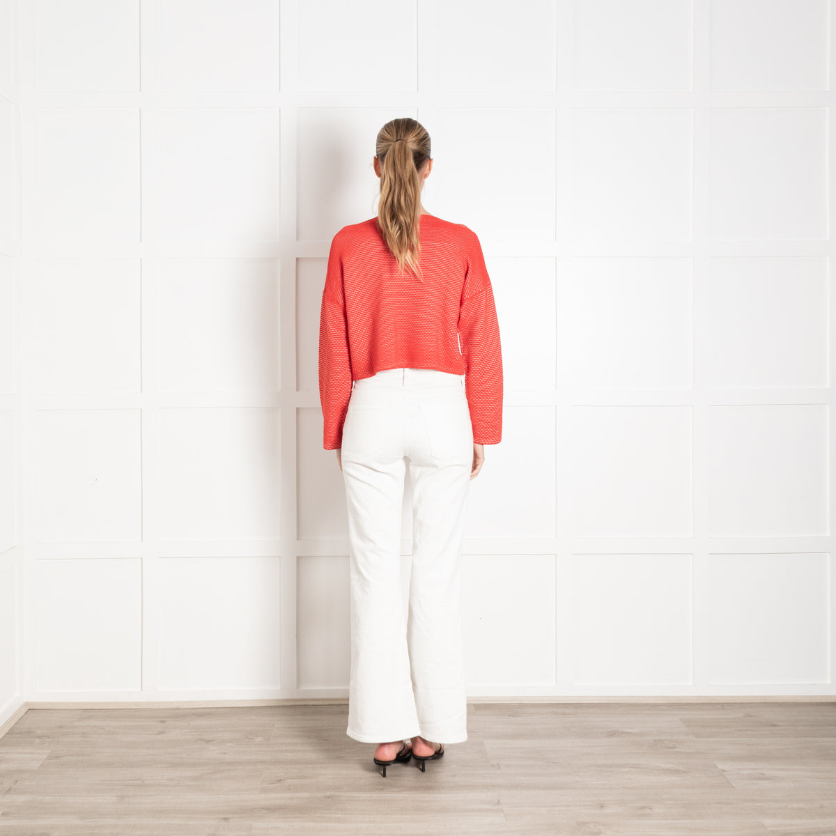 Theory Orange White Ribbed Cropped Oversized Knit Top