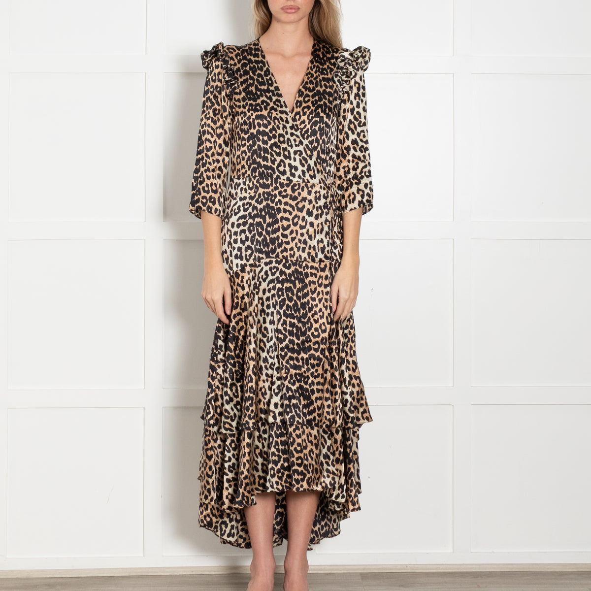 Ganni Brown Animal Print Silk Wrap Dress