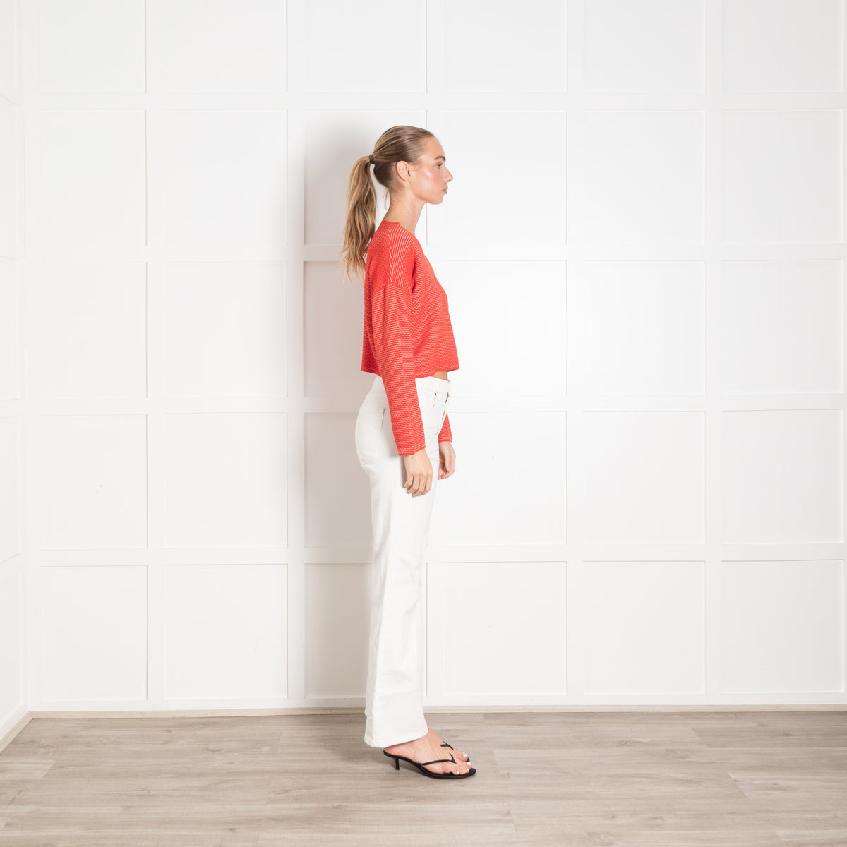Theory Orange White Ribbed Cropped Oversized Knit Top
