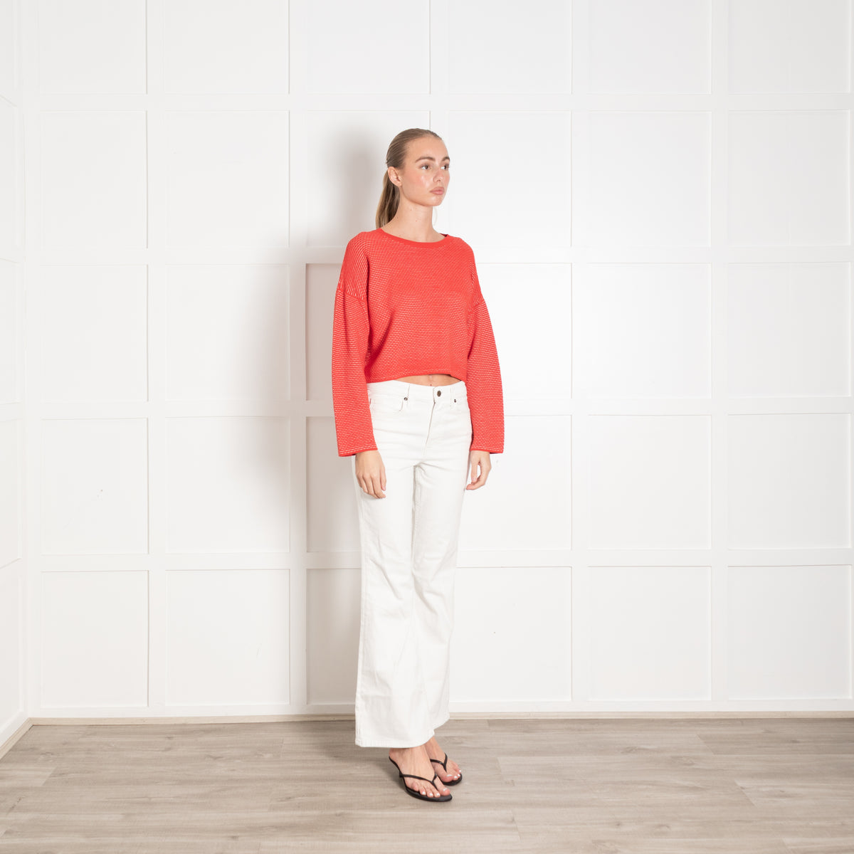 Theory Orange White Ribbed Cropped Oversized Knit Top
