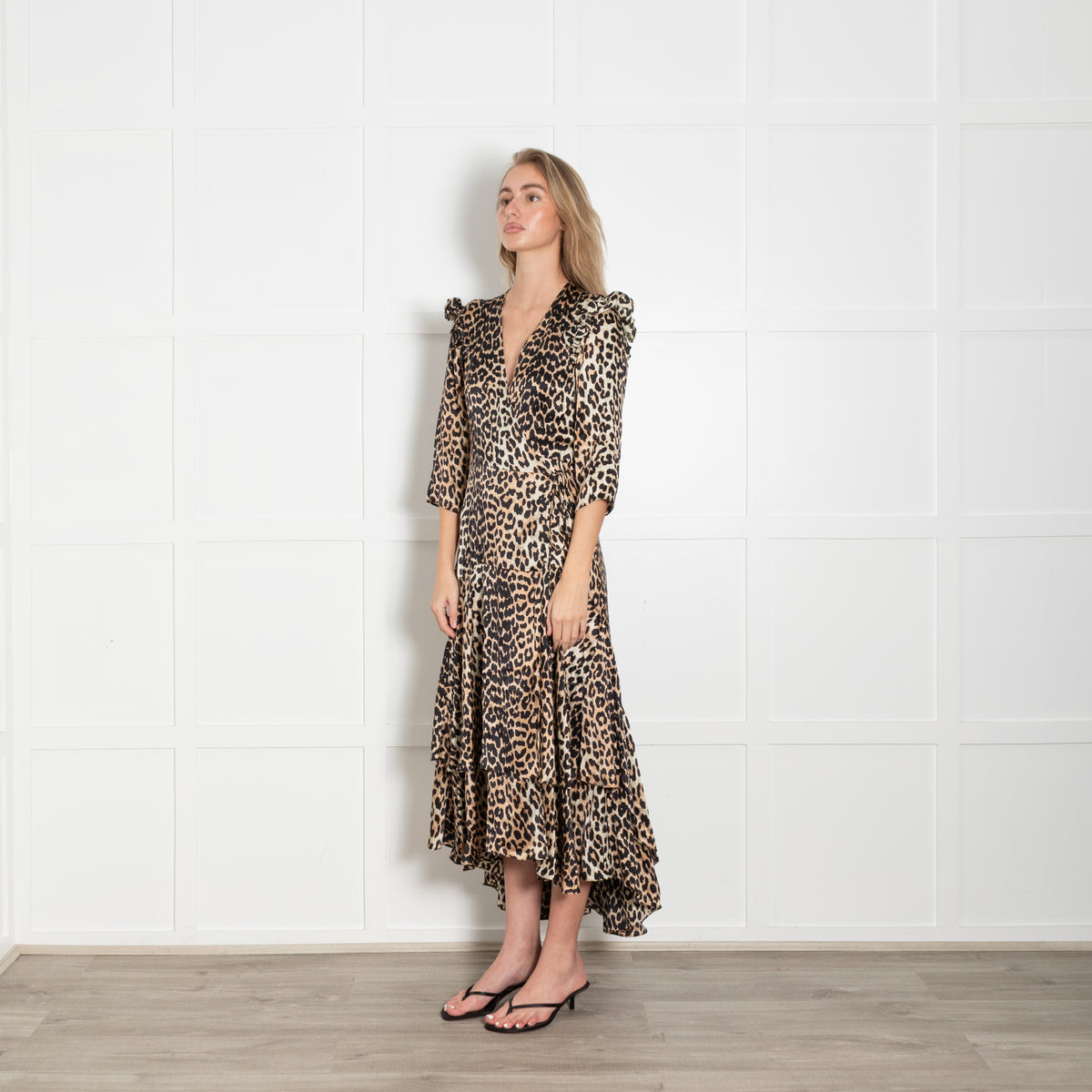 Ganni Brown Animal Print Silk Wrap Dress