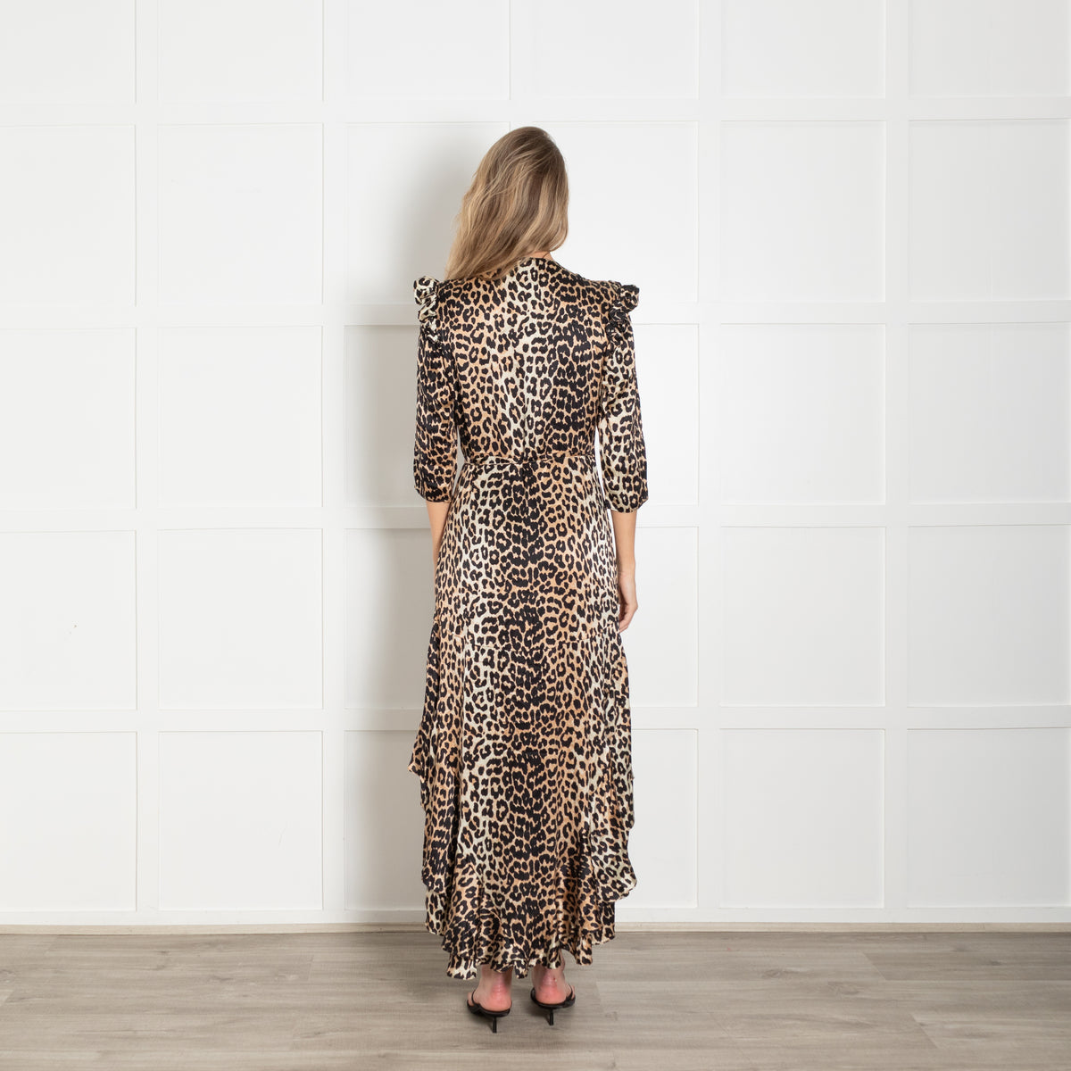 Ganni Brown Animal Print Silk Wrap Dress