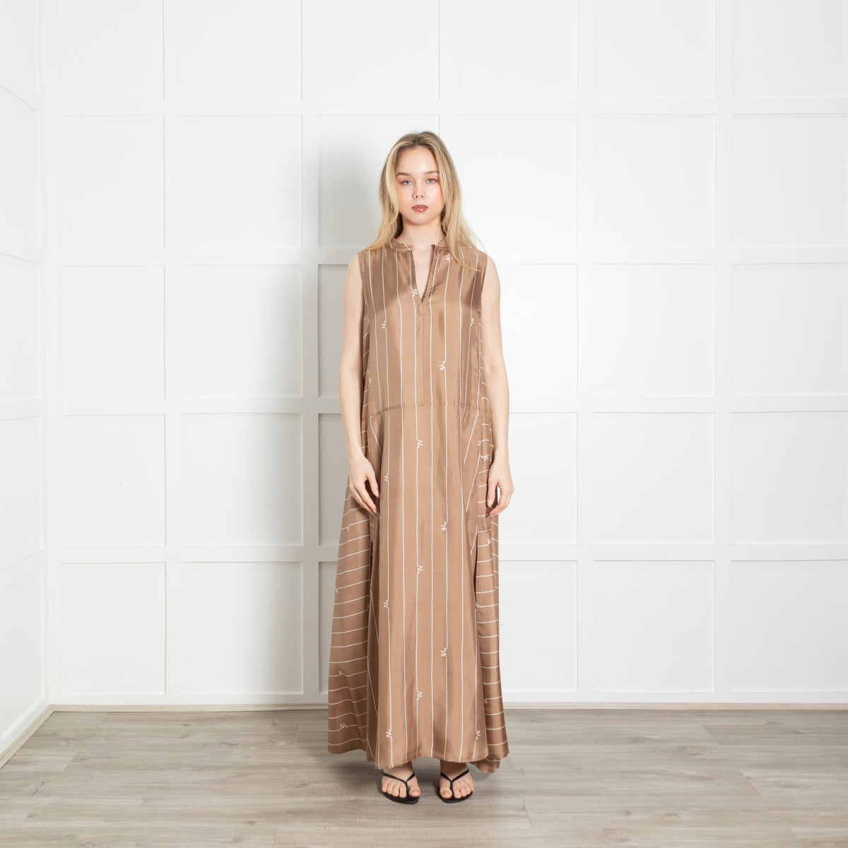 Max Mara Brown Silk Striped Sleeveless Maxi Dress