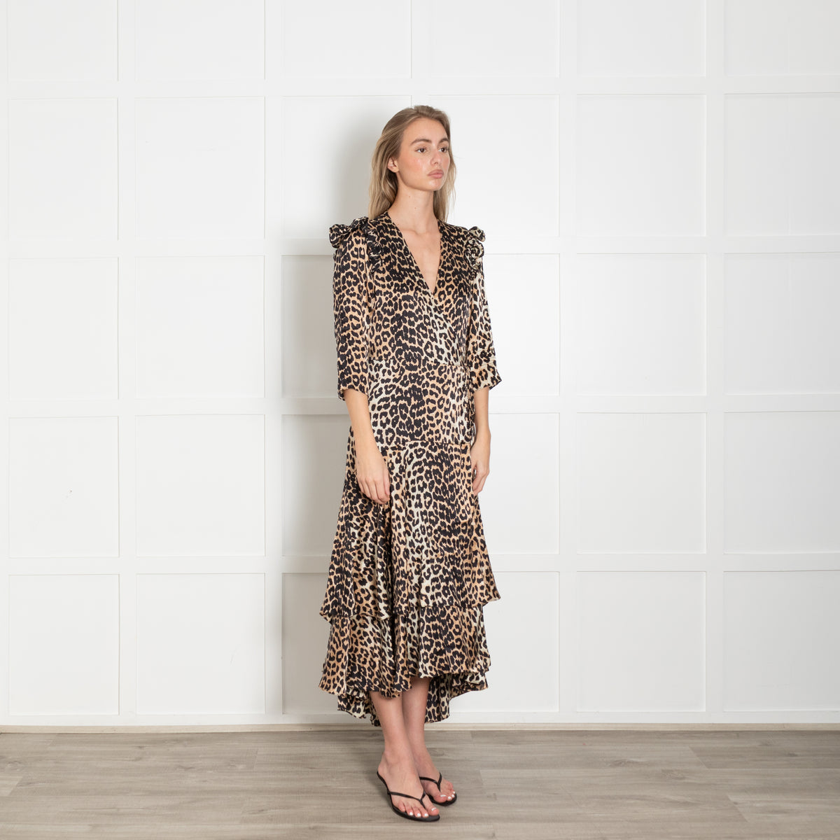 Ganni Brown Animal Print Silk Wrap Dress