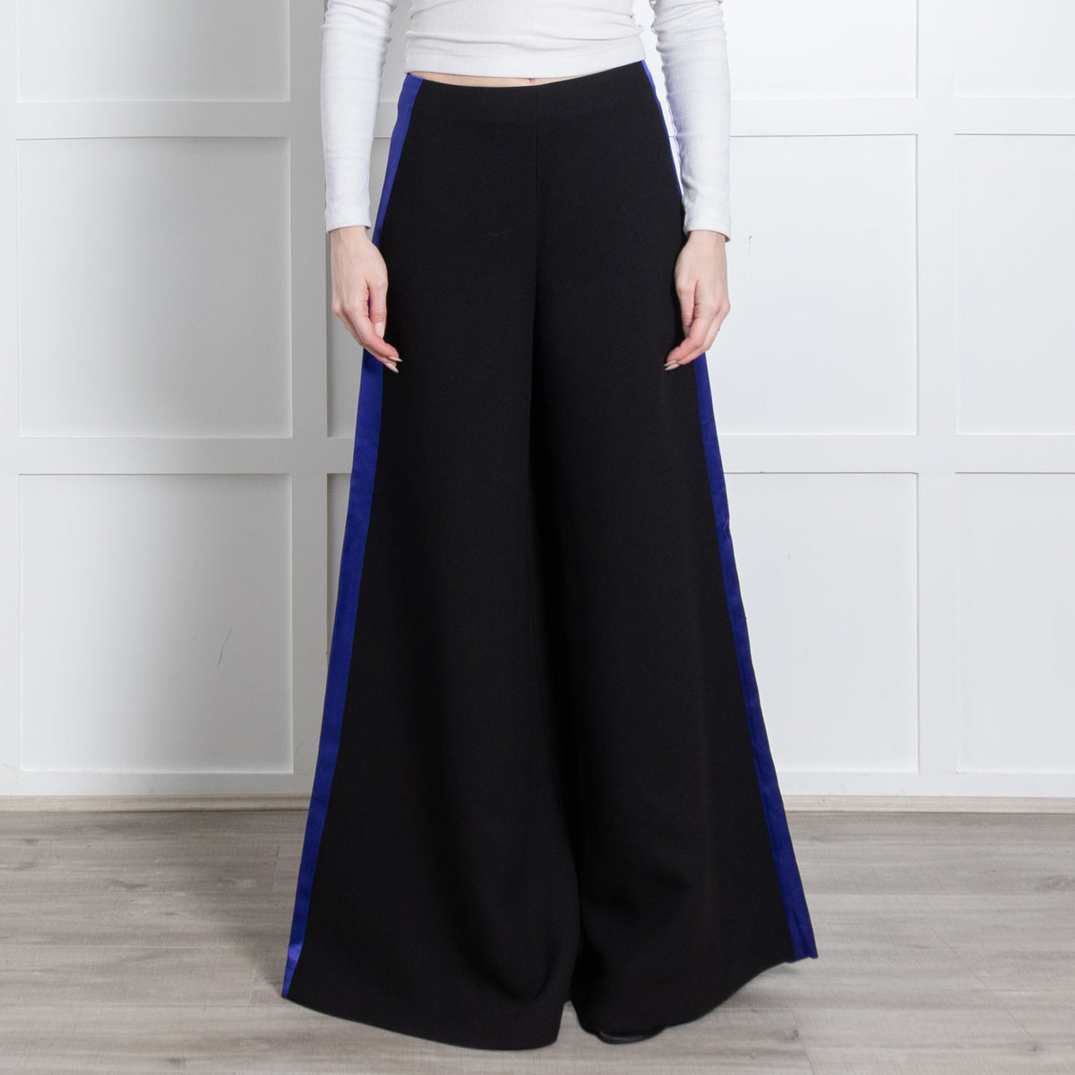 Roksanda Black Royal Blue Satin Side Stripe Wide Leg Trousers