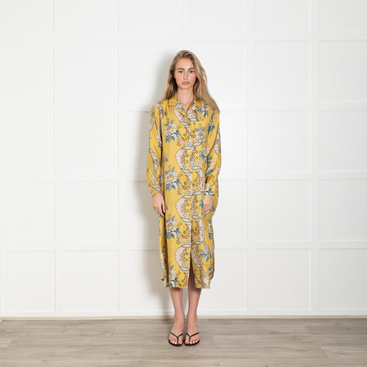 Weekend Max Mara Mustard Floral Silk Shirt Dress