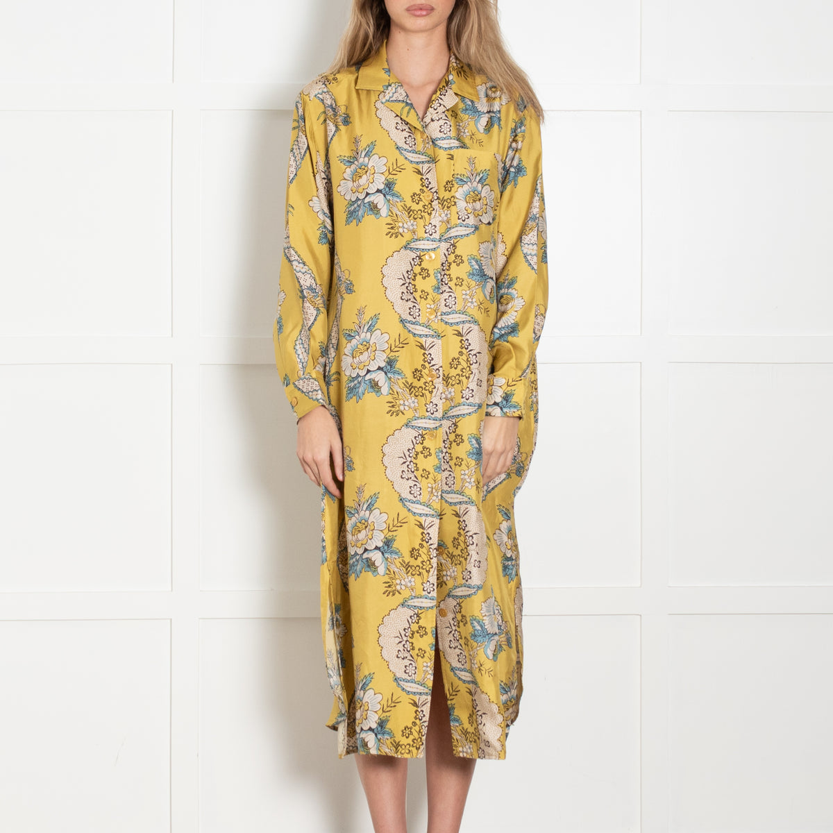 Weekend Max Mara Mustard Floral Silk Shirt Dress