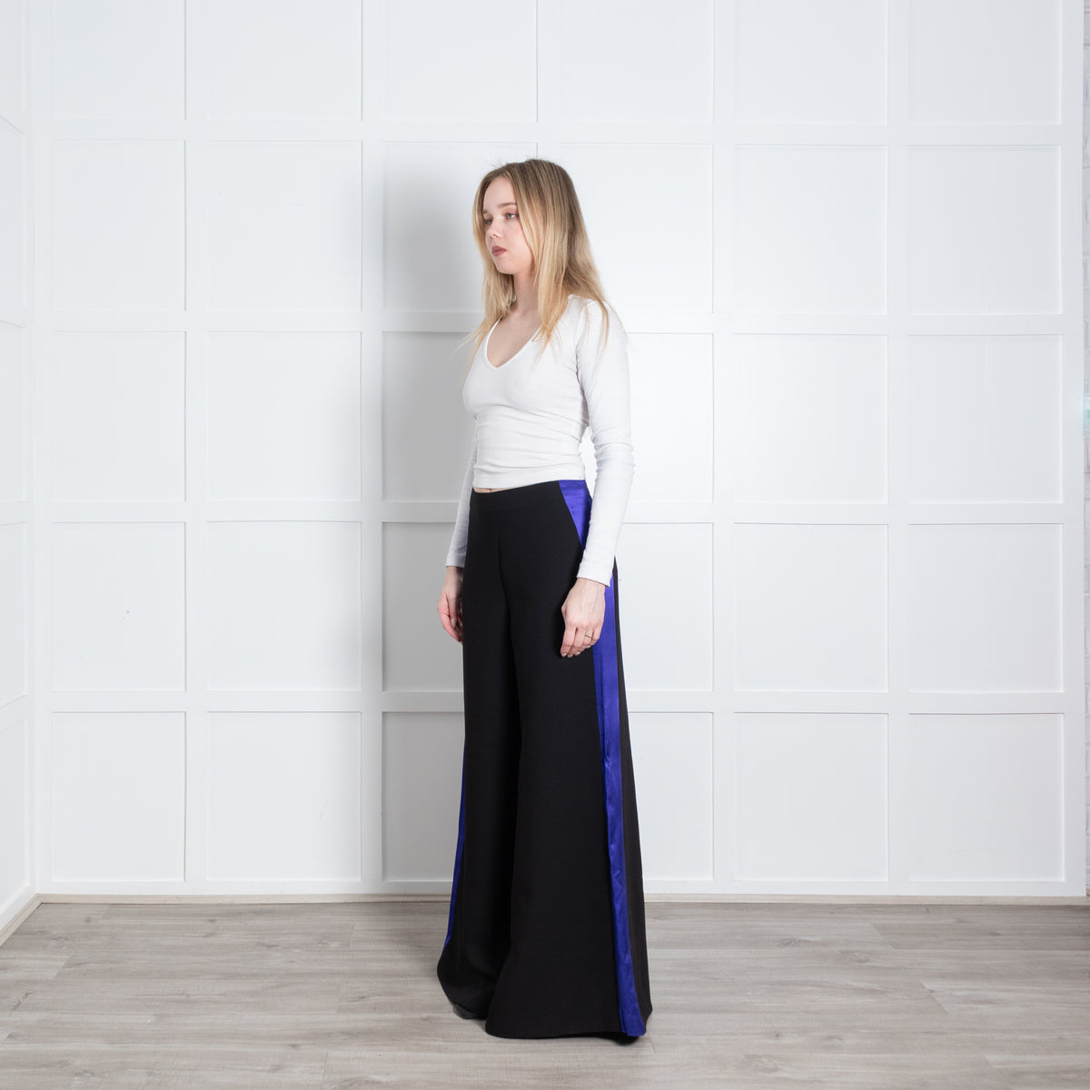 Roksanda Black Royal Blue Satin Side Stripe Wide Leg Trousers