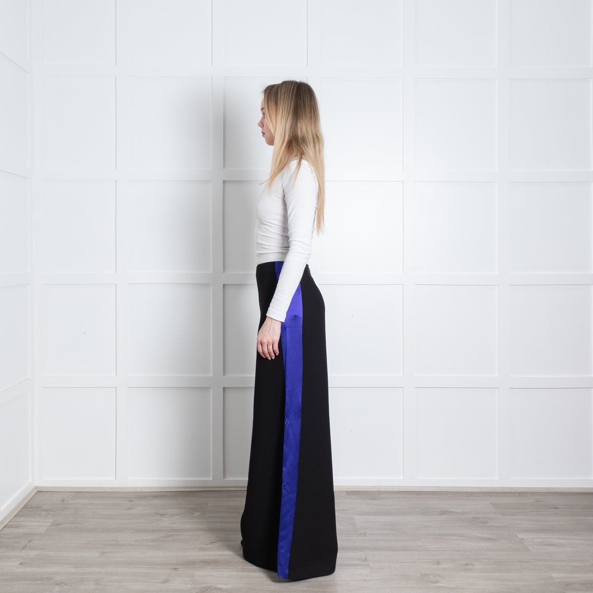 Roksanda Black Royal Blue Satin Side Stripe Wide Leg Trousers