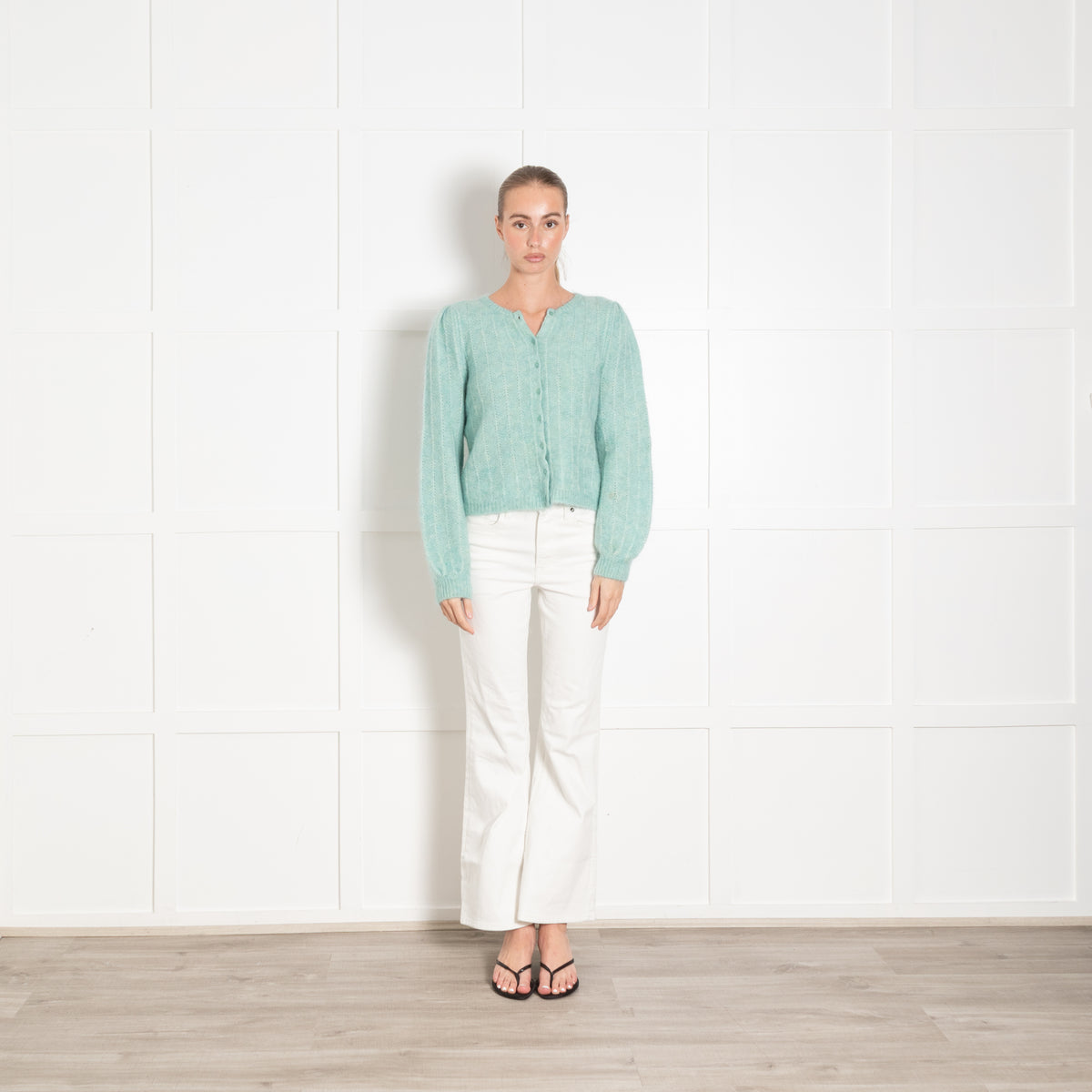 La Maille Sezane Aqua Green Mohair Blend Cardigan